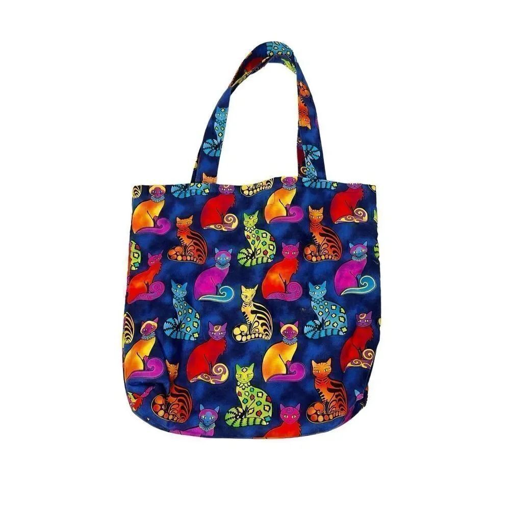 Cat print multicolor quilted tote bag handmade 13” X 14”